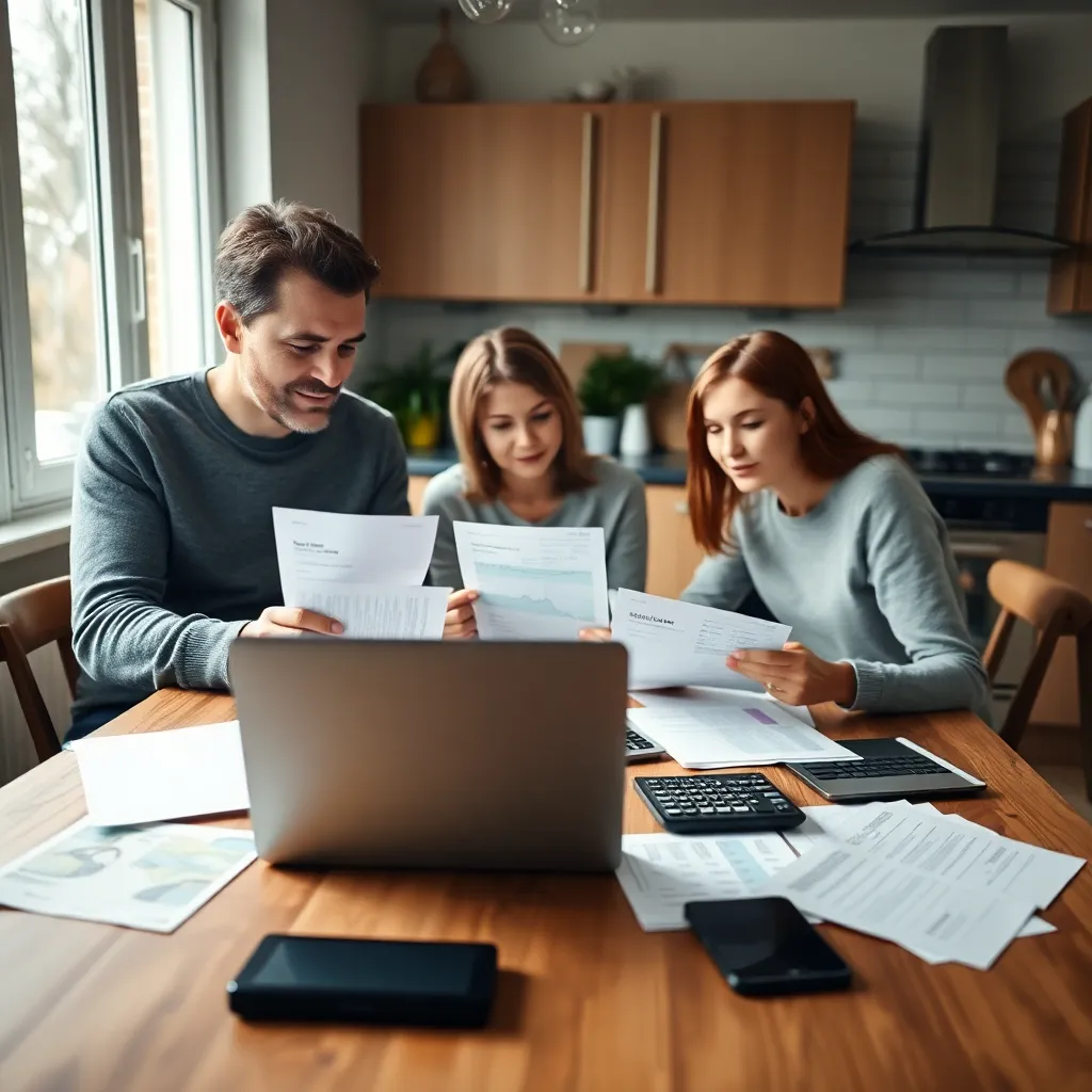 Nederlands gezin dat samen financiën bespreekt aan keukentafel met laptop en rekeningen