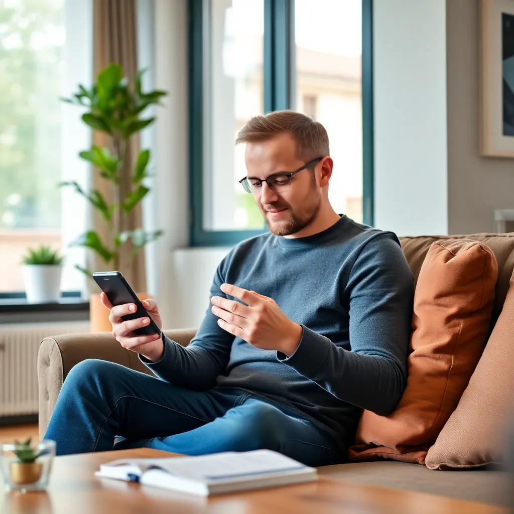 Man gebruikt financiële apps op smartphone