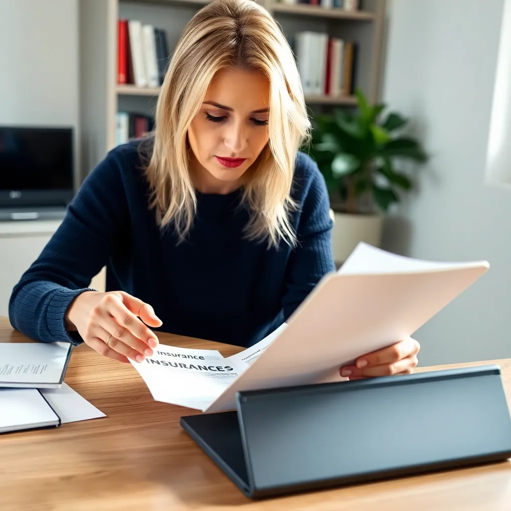 Nederlandse vrouw die verzekeringsdocumenten bekijkt op tablet