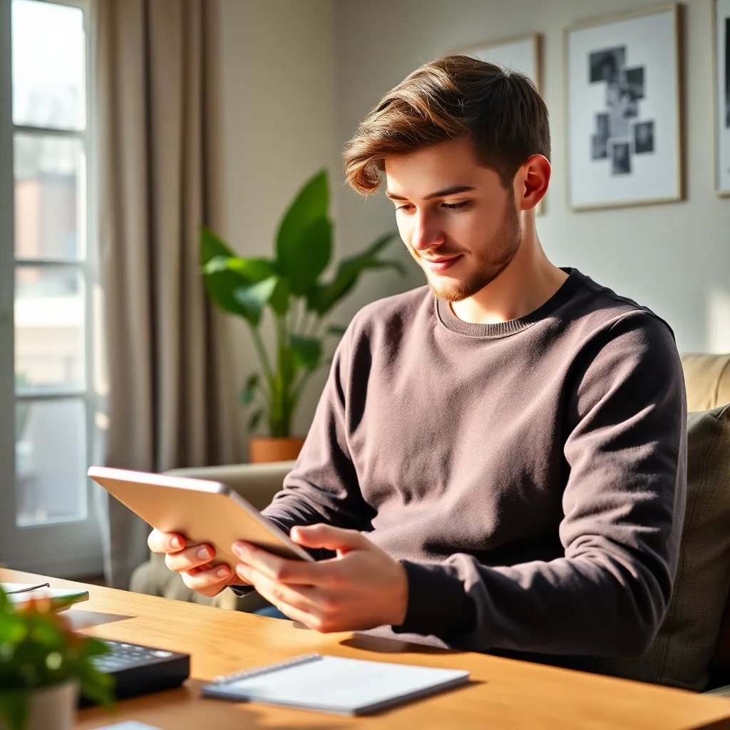 Jonge professional bekijkt financiële apps op smartphone