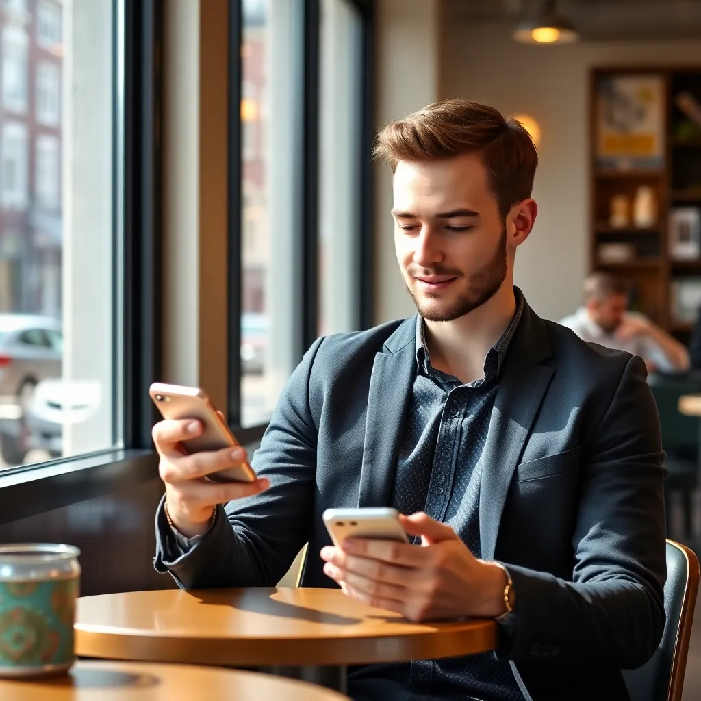 Jonge professional bekijkt financiële apps op smartphone